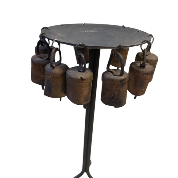 Vintage Rustic Handmade Folk Forged Metal Cowbells Candle Holder - Picture 5 of 11